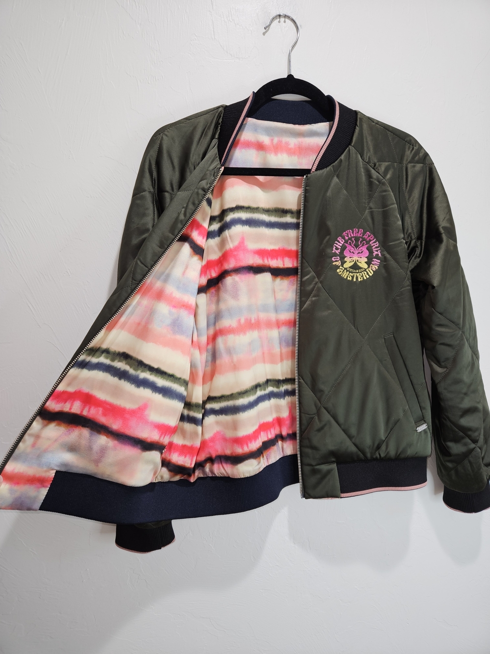 Reversible Scotch & Soda Bomber Jacket Green Quilted Silky Satin Women's Medium
